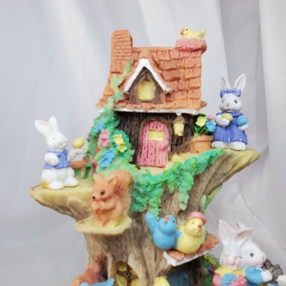 Vintage Rabbit Treehouse Figurine With Woodland Animals 11" Tall Resin Easter - Picture 7 of 12
